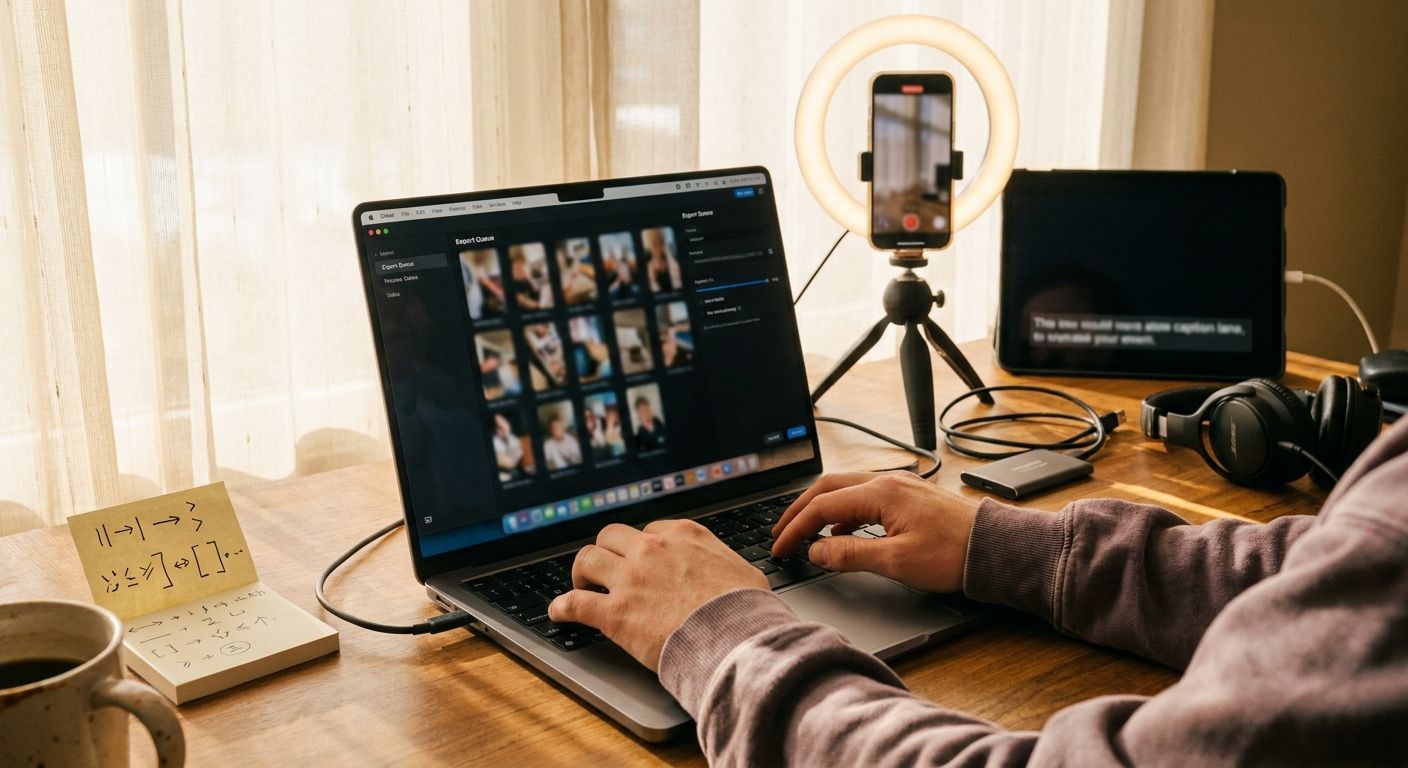 A creator's hands typing on a laptop keyboard with a vertical video editing app 