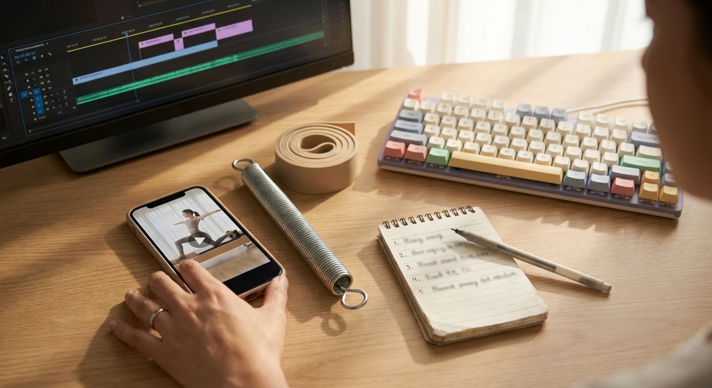 Close overhead shot of a content creator's hands on a wooden desk beside a refor