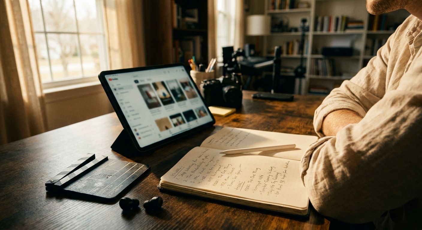 Close overhead flat-lay of a creator's workspace with a tablet displaying a grid