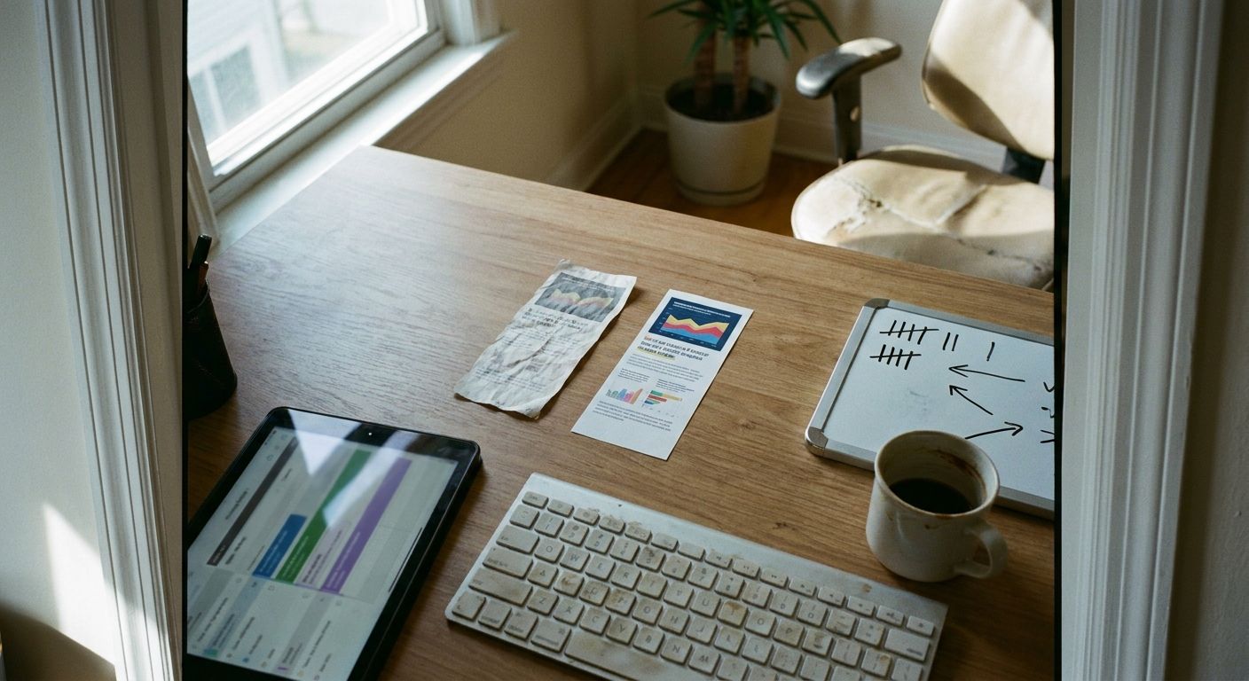 Close overhead shot of a wooden desk surface showing two printed thumbnail-sized