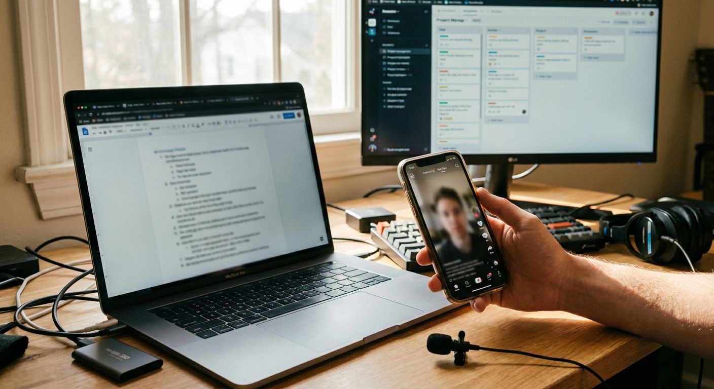 A content creator's hand holding a phone displaying a vertical short-form video 
