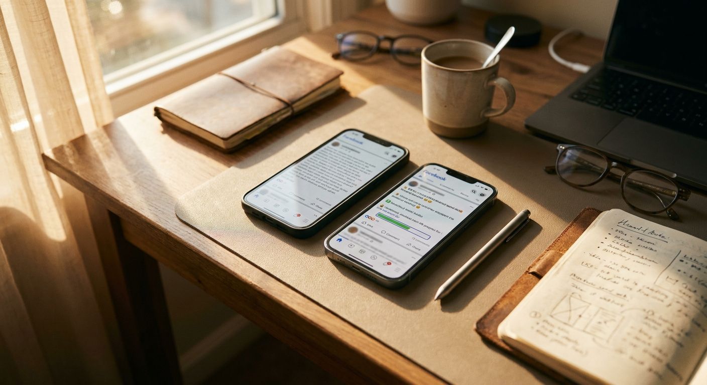 Two side-by-side vertical phone screens lying flat on a matte desk surface, one 