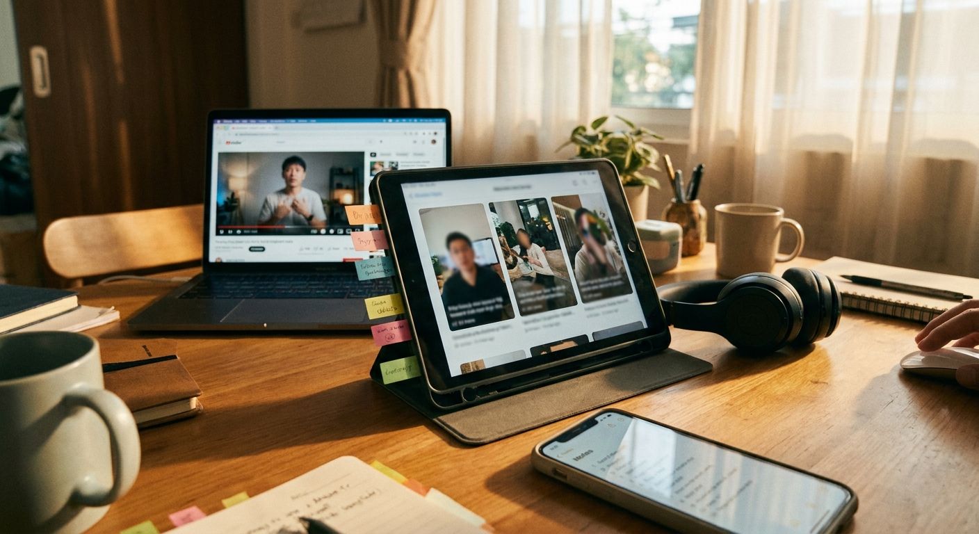 A creator's compact home studio workspace showing a single source video paused o