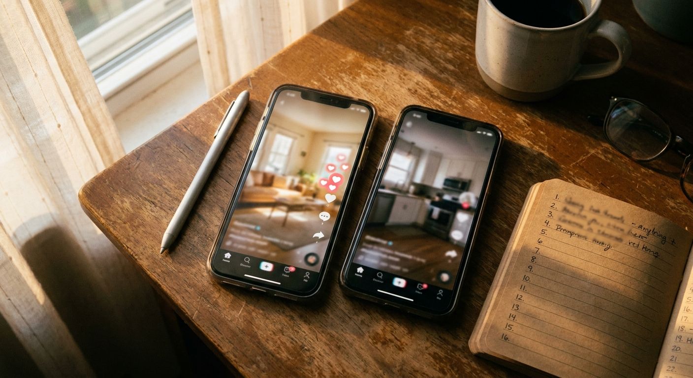 Close-up overhead view of two smartphones side by side on a wooden desk, each di