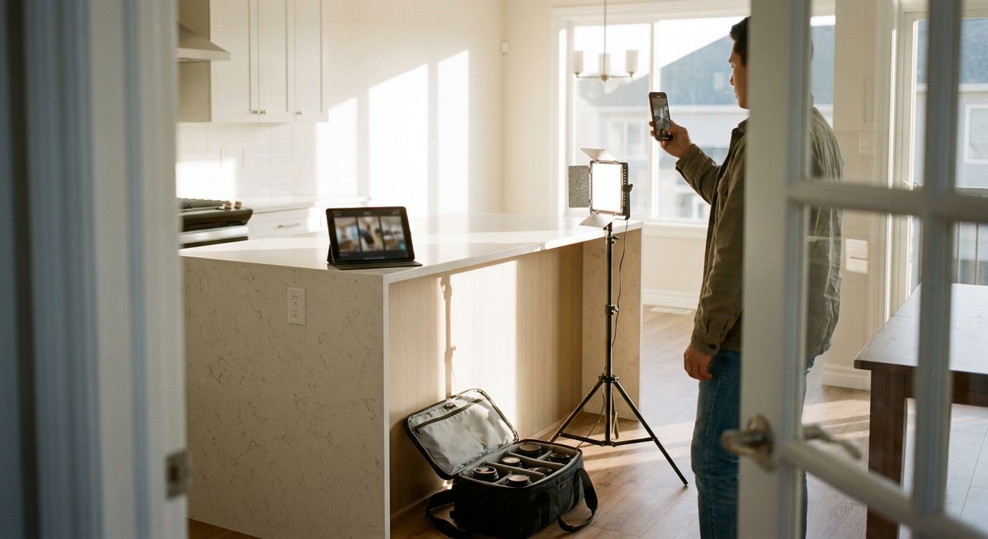A real estate creator in a bright open-plan home interior holding a smartphone i