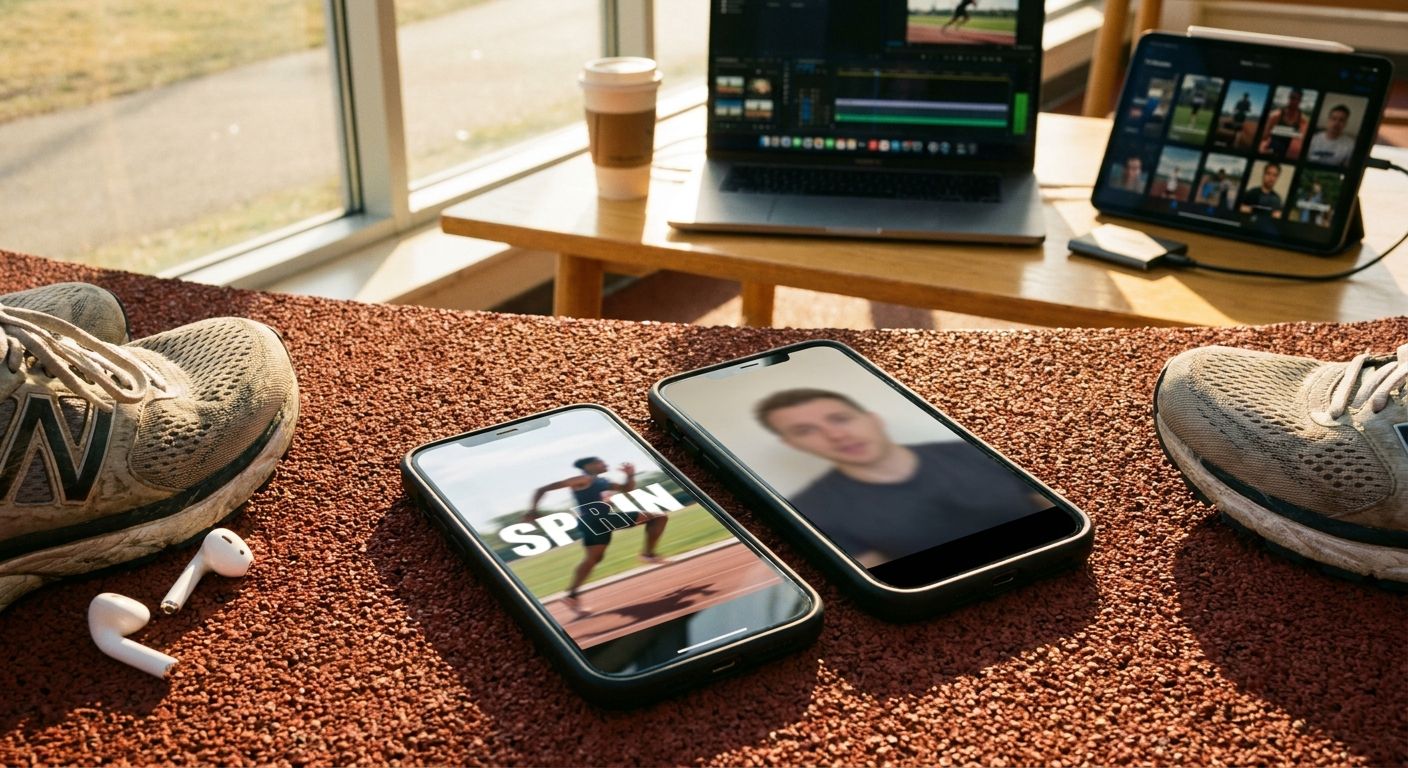 Close-up of two phones side by side on a running track surface: one showing a bl