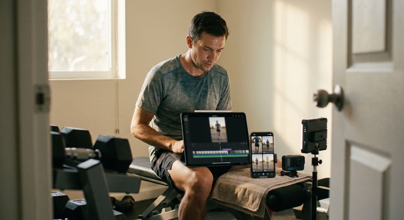A content creator seated on a gym bench post-run, slightly sweaty in athletic ge