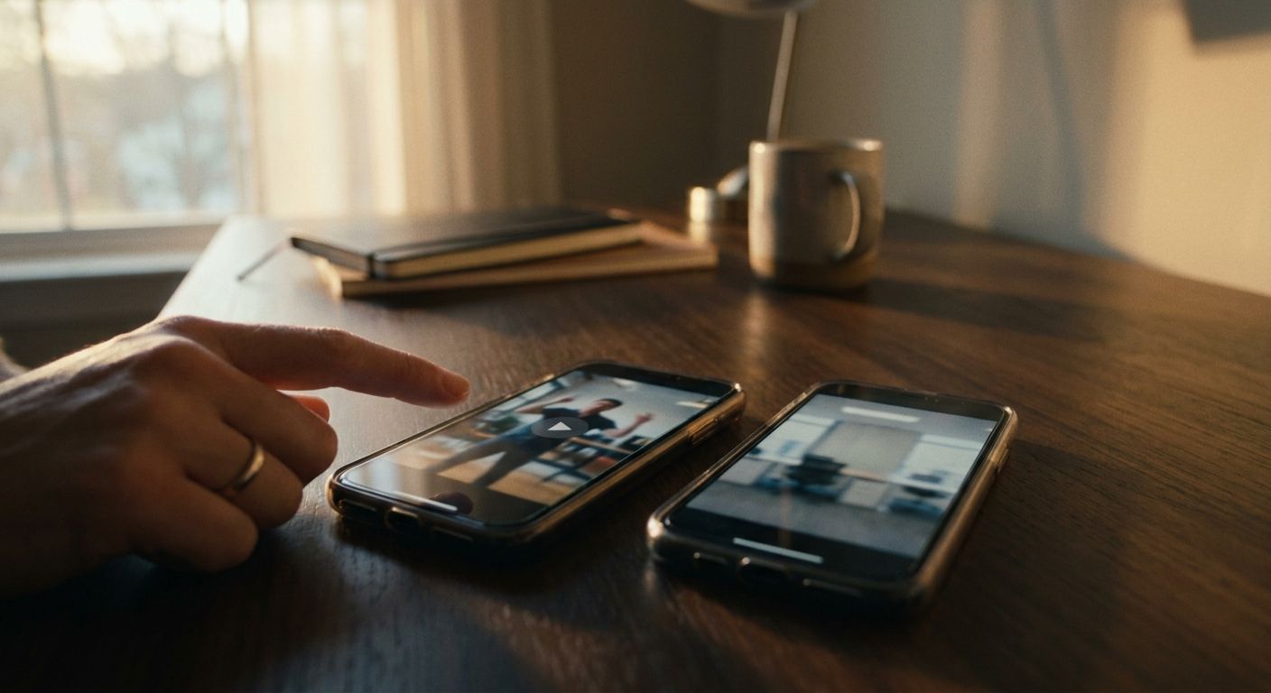 Close-up of two smartphones side by side on a dark desk, one showing a blurred s