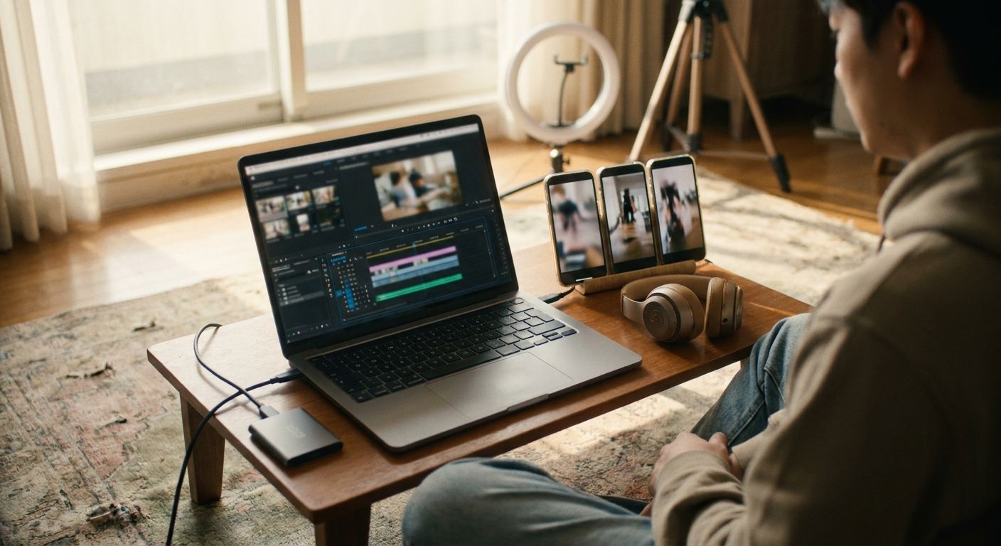 A creator sitting cross-legged on a studio floor surrounded by a laptop with a b