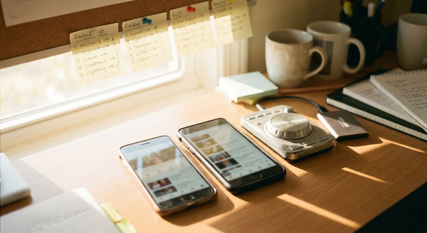 Close overhead view of a wooden desk with two smartphones side by side displayin