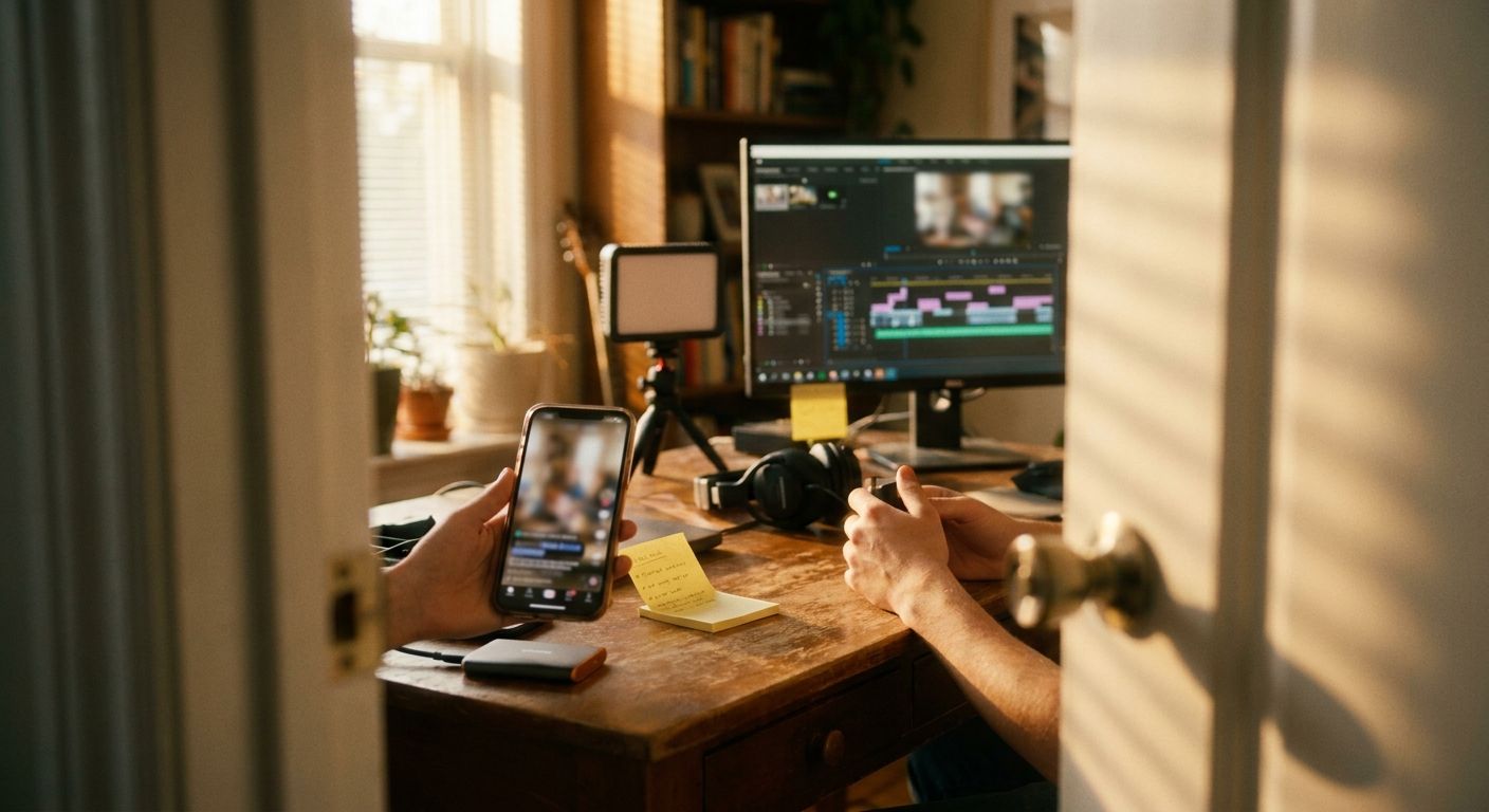 Close-up of a creator's hands holding a phone displaying a blurred vertical vide