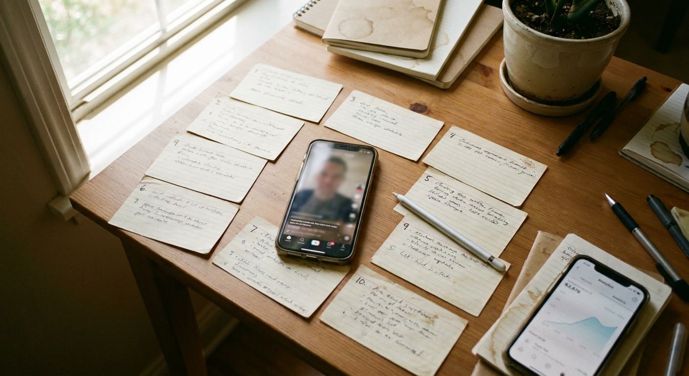 Close-up overhead shot of a smartphone laid flat on a desk showing a blurred ver
