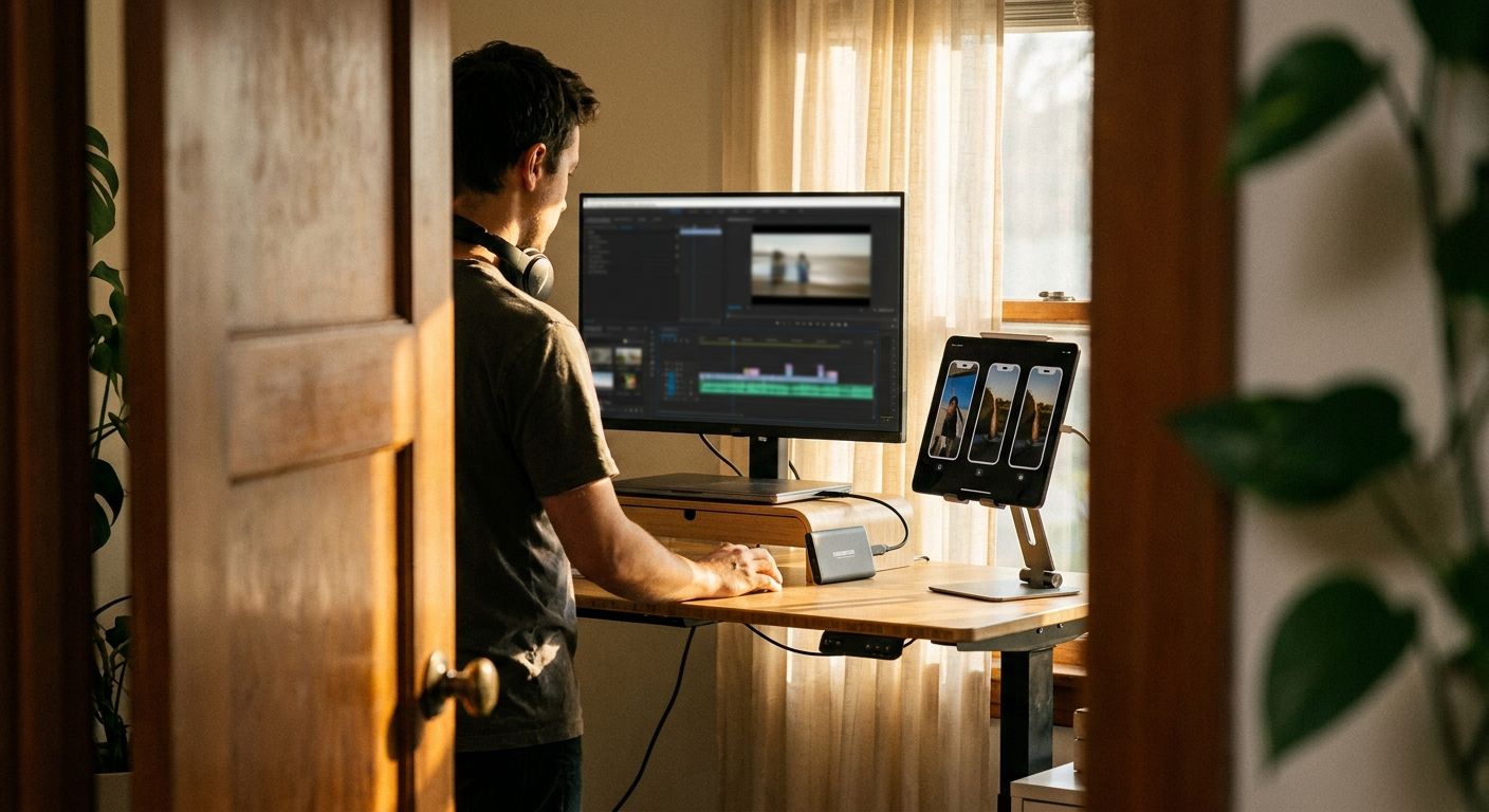 A candid over-the-shoulder view of a creator at a standing desk editing a single