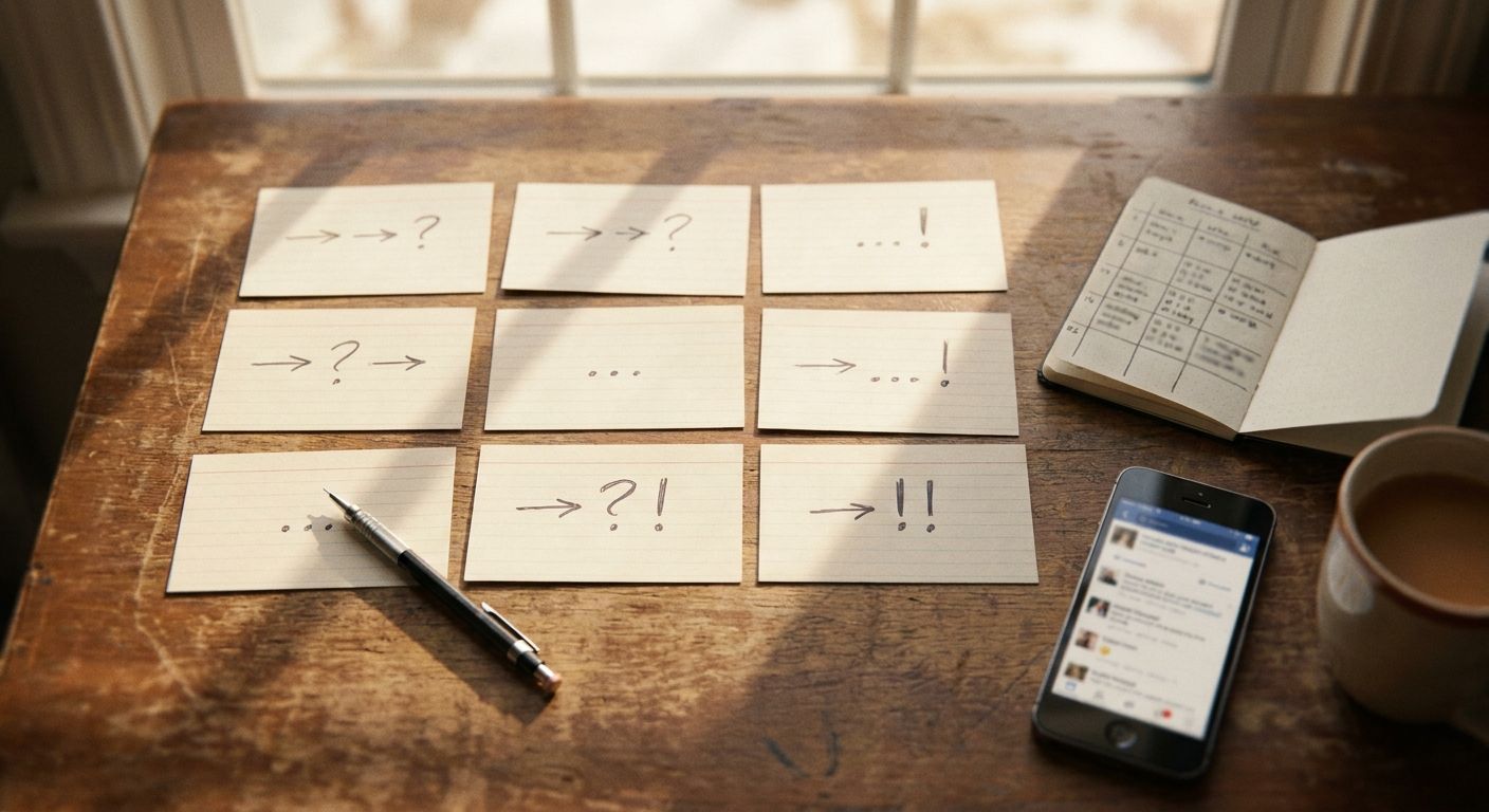 Close overhead view of a wooden desk surface with ten index cards arranged in tw