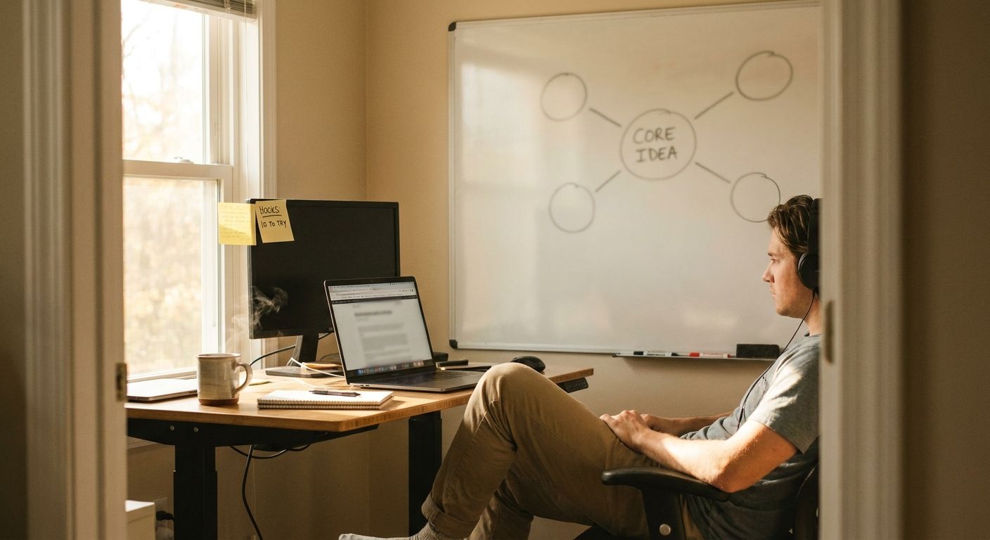 A content creator sitting at a standing desk with a single printed sticky note t
