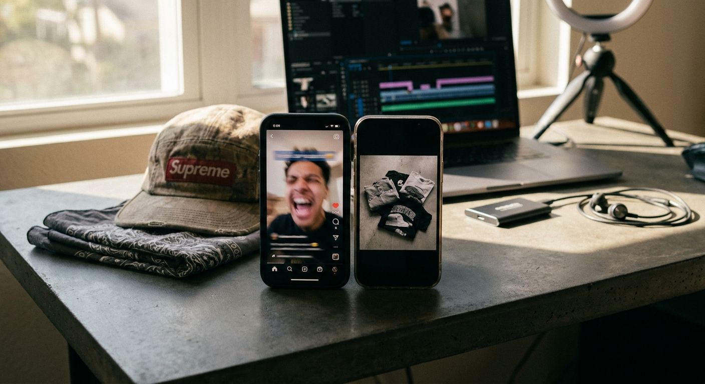 Close overhead shot of two phones side by side on a dark concrete surface, one s