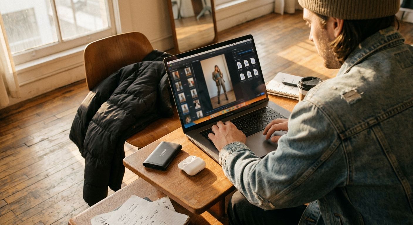 Streetwear creator at a laptop in a dim creative workspace, blurred editing time
