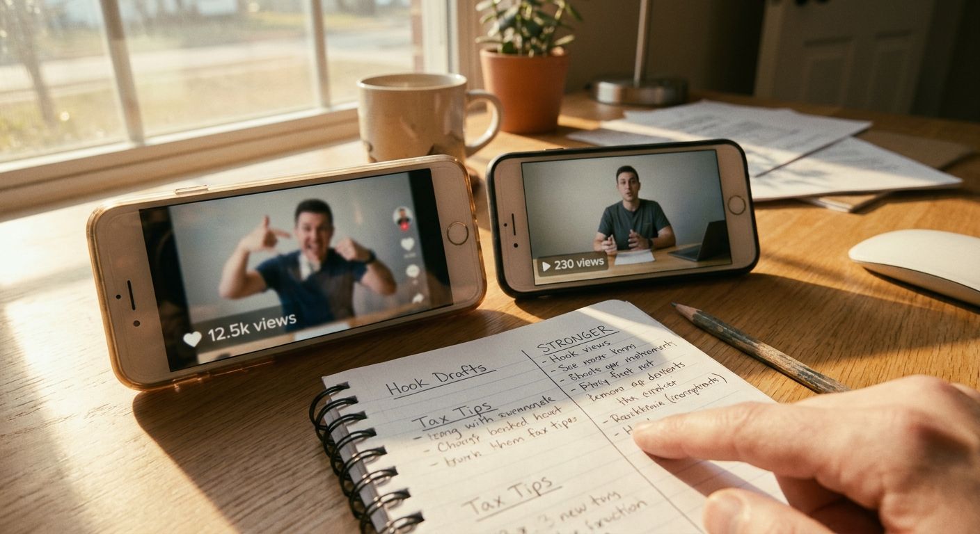 Two phones propped side by side on a wooden desk surface, one showing a short-fo