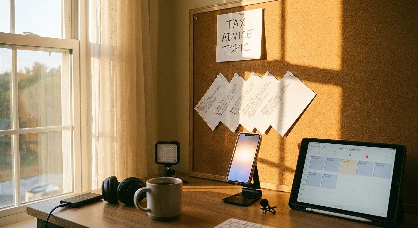 A content creator's workspace with a single printed tax topic pinned to a corkbo