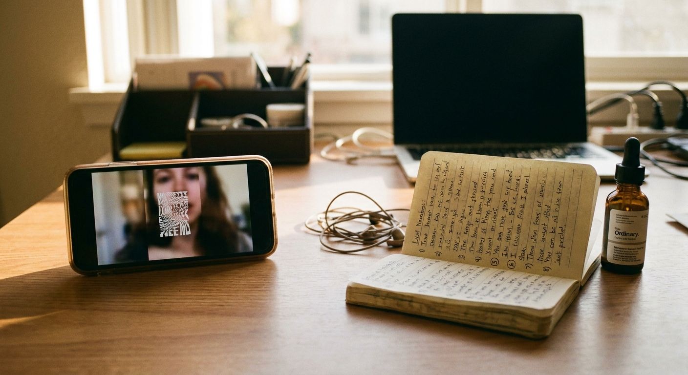 Split close-up scene on a wooden desk: on the left side a phone screen showing a