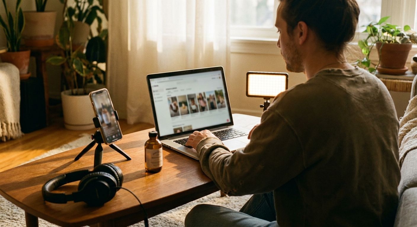 Creator at a laptop in a casual home studio corner, multiple vertical clip thumb