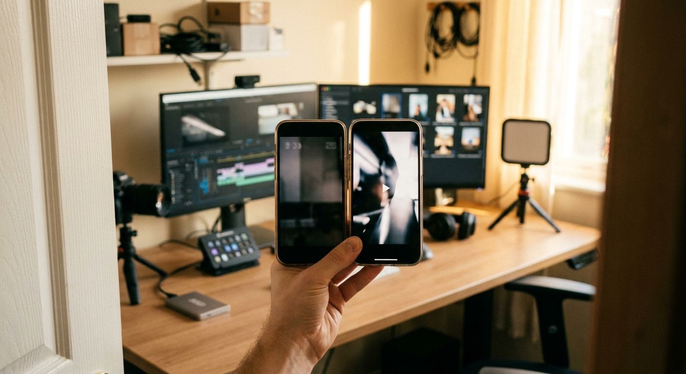 Close-up of two side-by-side smartphone screens held in one hand against a blurr