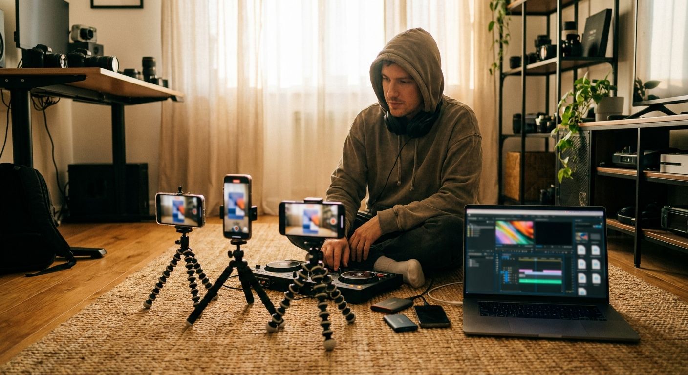 A content creator sitting cross-legged on a studio floor surrounded by three pho