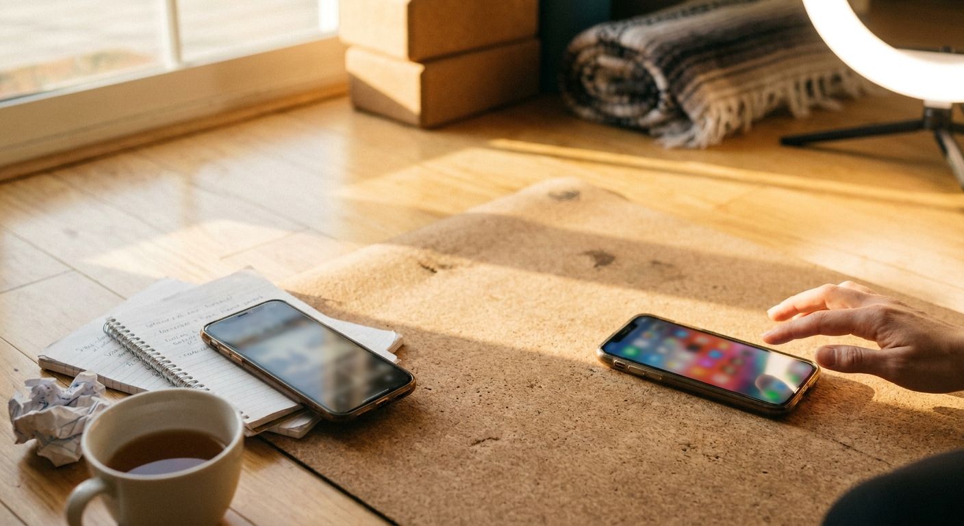 Close-up overhead view of two phones side by side on a wooden floor next to a yo