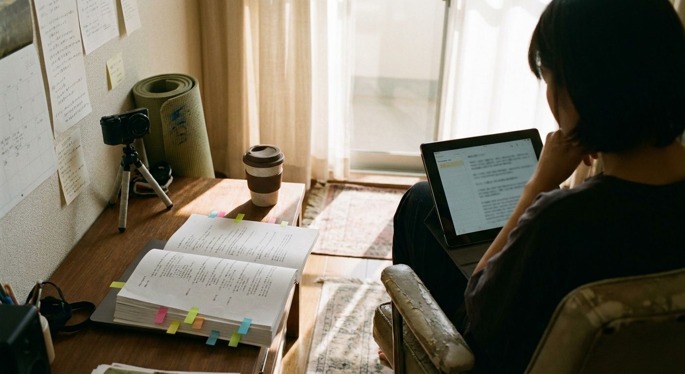 A yoga creator at a small desk, a single printed class recording script beside a