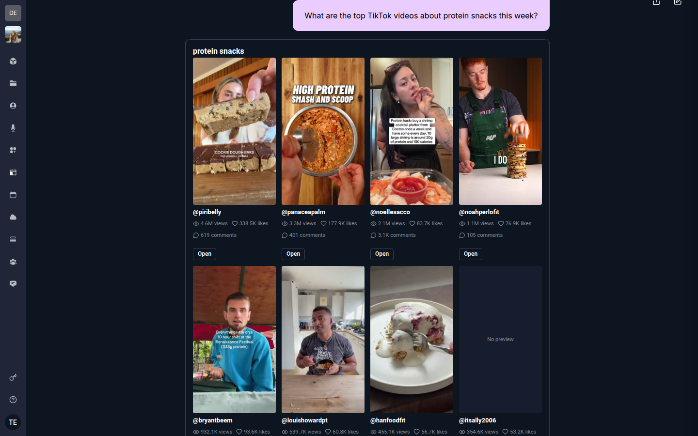 GEN chat research results for top TikTok videos about protein snacks